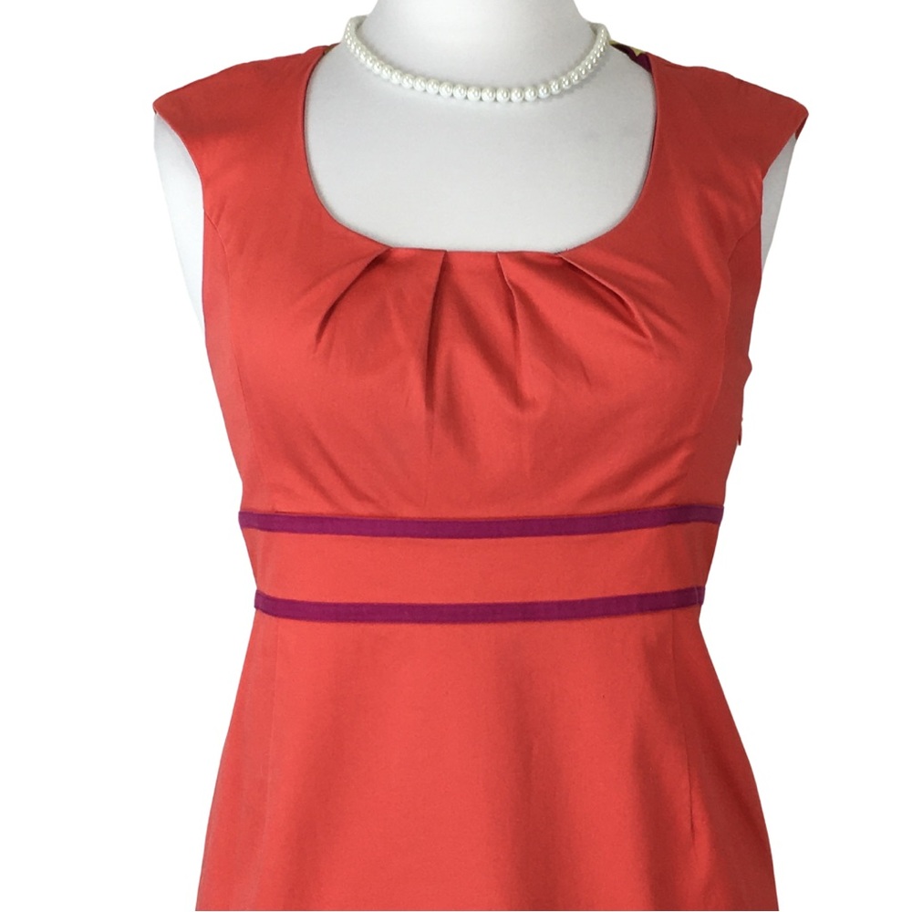 Boden Coral Peach with Fuchsia Ribbon Detail Sleeve Sheath Midi Dress size 8 - Picture 6 of 15